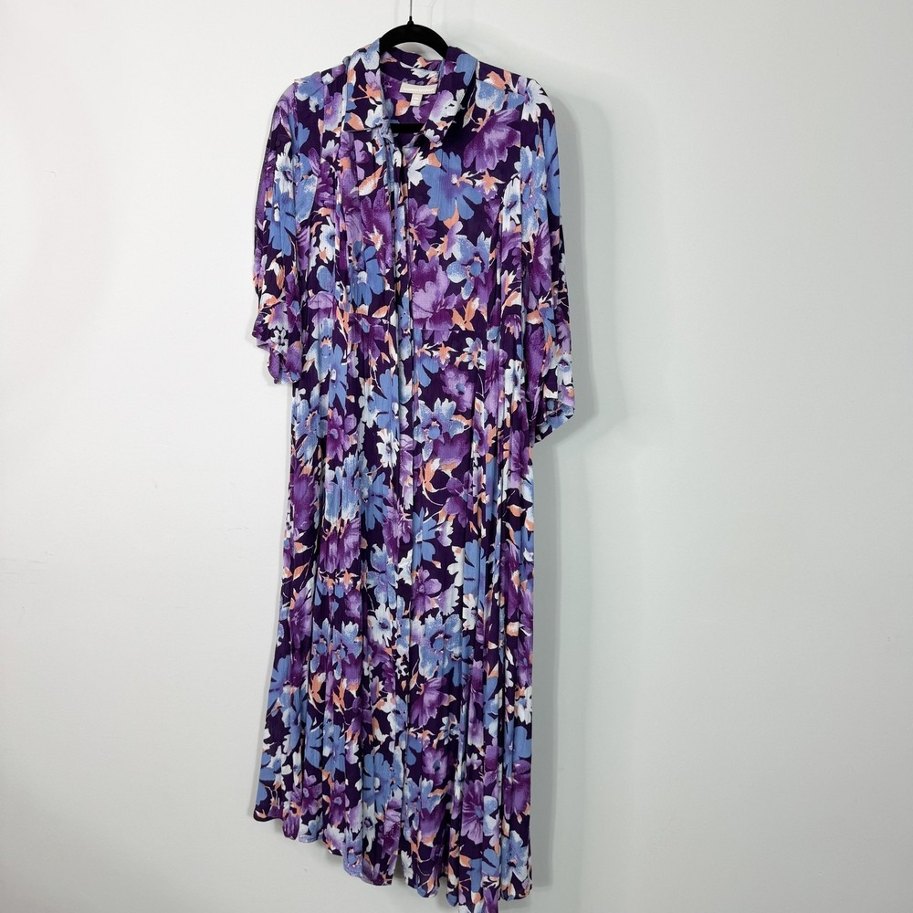 Woman Within Dress Womens 14W Purple Floral Rayon Shirt Maxi 3/4 Sleeve Collared